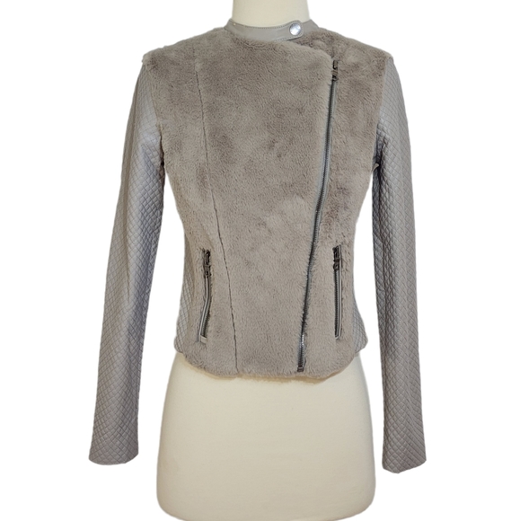 Armani Exchange Faux Fur & Leather Moto Jacket in Taupe Gray Womens Size XS - Picture 11 of 12